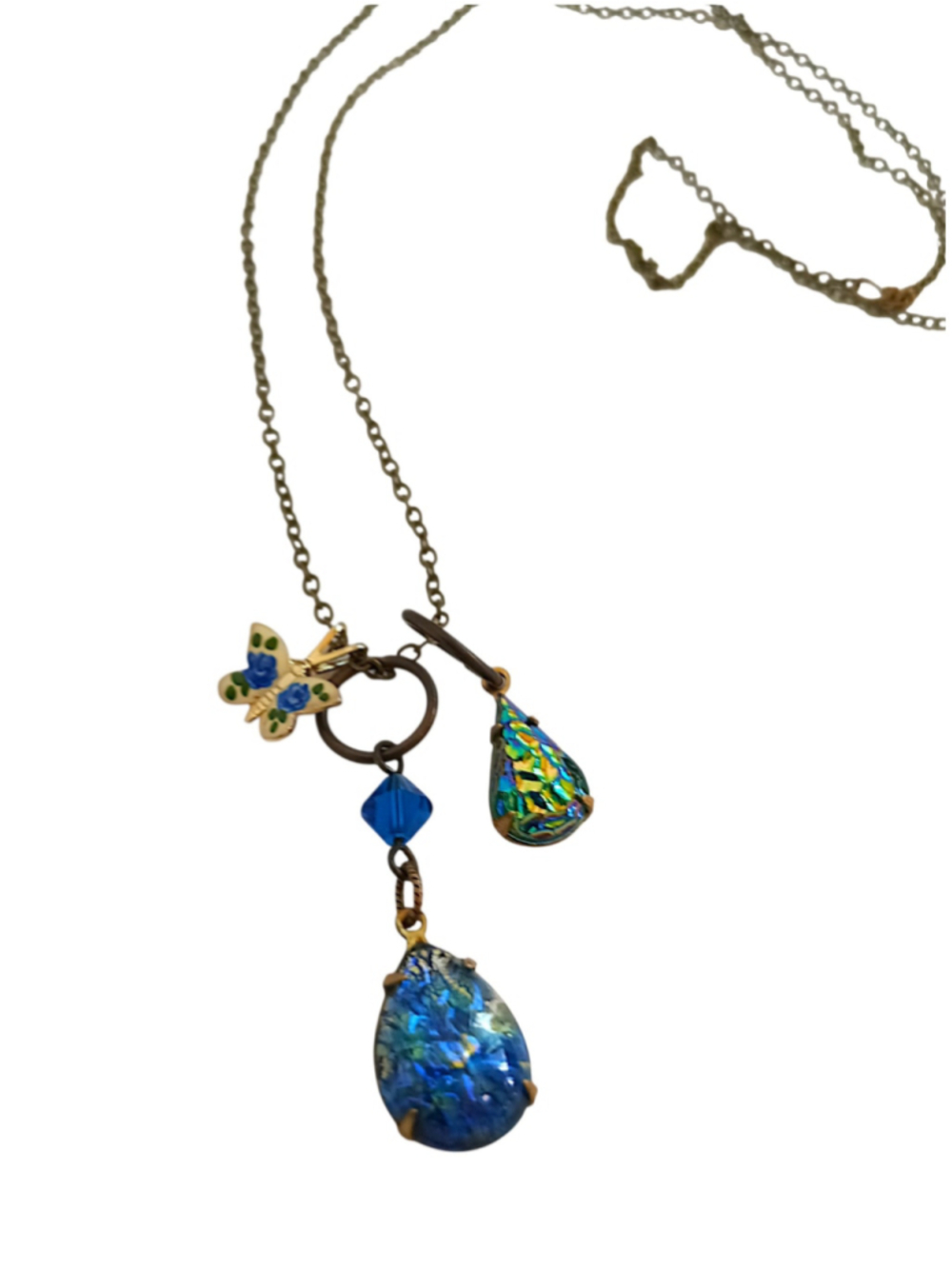 Butterfly charm Necklace vintage teardrop glass blue green sparkle art noveau